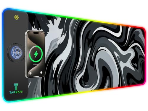 TARKARI 15W Magnetic Wireless Charging RGB Mouse Pad, 800x300mm Ink Splash - color: Black Grey