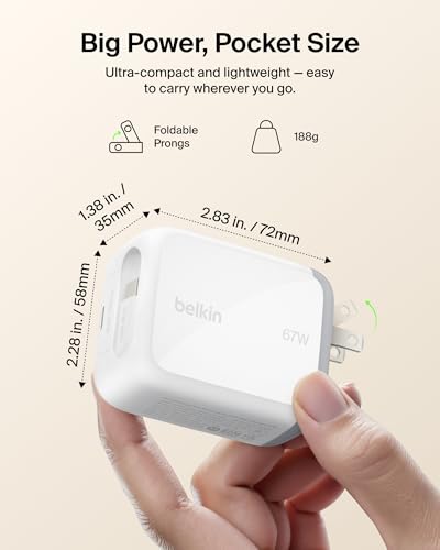 Belkin 67W GaN USB C Retractable Charger Block Fast Charging for Travel - color: White, style: 67W