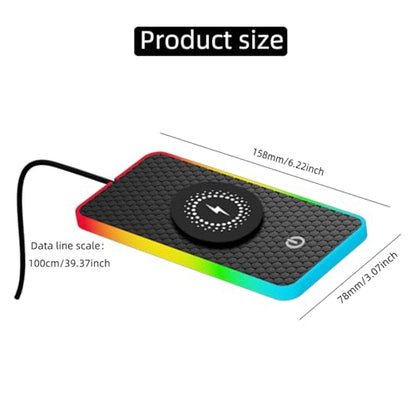 Car Wireless Charger Pad, 15W Fast Charging, RGB LED Atmosphere Light, Anti-Slip, Universal Qi Compatible with iPhone and Wireless Charging Phones, Black(USB-C) (USB-A) (USB Type C)