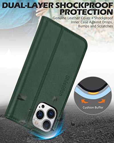 SHIELDON Genuine Leather Case Wallet for iPhone 13 Pro 6.1", Midnight Green | Folio Magnetic Closure, RFID Blocking, Credit Card Holder, Kickstand, Shock Absorbing Protective Cover - color: Midnight Green