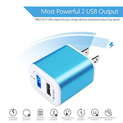 USB Plug in Wall Charger, Charging Block, 2Pack 2.1A Fast Charge Dual Port - color: Blue
