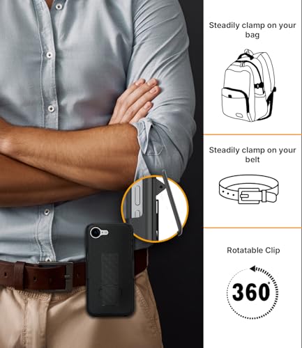 MOTIVE for iPhone 16e Case with Belt Clip, Rigid, Kickstand | 6.1" | Ranger v1 Series, Black, 360° holster, open-top/open-bottom port access, textured grip, slim - size: iPhone 16e