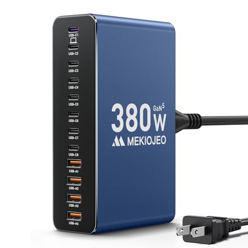 MEKIOJEO 12 Ports Aluminum Alloy 380W Charging Station USB C Charger Block - color: Blue