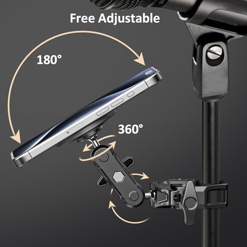 Mic Stand Phone Holder Aluminum Compatible with Magsafe iPhone 16/15/14/13/12 Plus Pro Max Series, Side Mount Cellphone Music Stand Holder for Microphone, 360° Swivel Tilt Adjustable Mic Phone Mount
