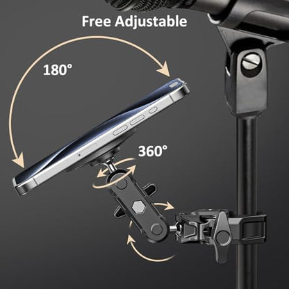 Mic Stand Phone Holder Aluminum Compatible with Magsafe iPhone 16/15/14/13/12 Plus Pro Max Series, Side Mount Cellphone Music Stand Holder for Microphone, 360° Swivel Tilt Adjustable Mic Phone Mount