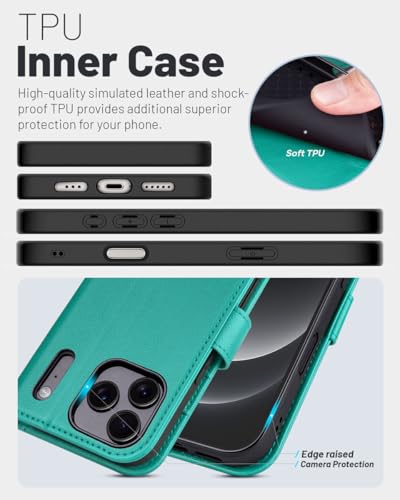 OCASE Compatible with iPhone 17 Pro Wallet Case, PU Leather Flip Folio Case with Card Holders RFID Blocking Kickstand [Shockproof TPU Inner Shell] Phone Cover 6.3 Inch 2025, Blue Green - color: Blue Green