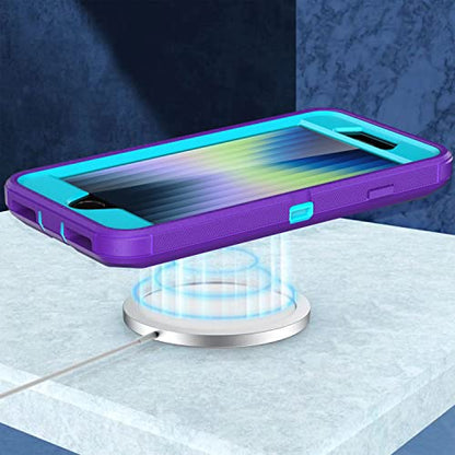 MXX Case Designed for iPhone SE Case 2020/2022 Heavy Duty Protective with Screen Protector [3 Layers] Rugged Rubber Protection Cover & Rotating 360 Degree Belt Clip SE 3rd/2nd Gen(Purple/Light Blue) - color: Purple/Light Blue