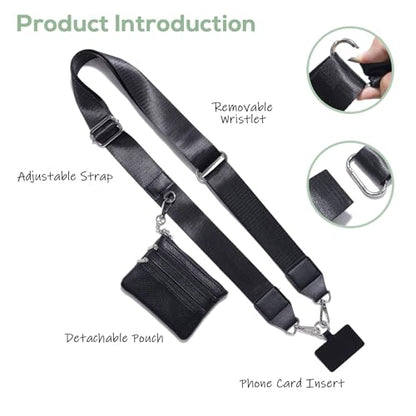 Clip and Go Phone Strap with Wallet Crossbody, Phone Chain Cross Body with Detachable Zippered Pouch, Phone Lanyard with Purse, Adjustable Mobile Strap (Black) - color: Black