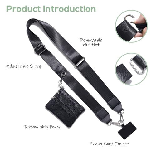 Clip and Go Phone Strap with Wallet Crossbody, Phone Chain Cross Body with Detachable Zippered Pouch, Phone Lanyard with Purse, Adjustable Mobile Strap (Black) - color: Black