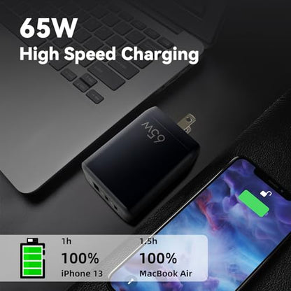 EP 65W USB C Charger Block, PPS GaN 3-Port Compact Foldable Power Adapter