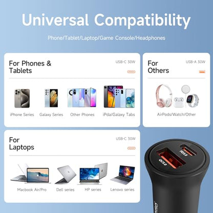 USB C Car Charger, 60W Dual Port (USB‑C + USB‑A) PD/QC Fast Charging 12V/24V Cigarette Lighter Adapter, Compatible with iPhone 17/16/15, Galaxy S26/S25/S24, Pixel, iPad - size: 1‑Pack