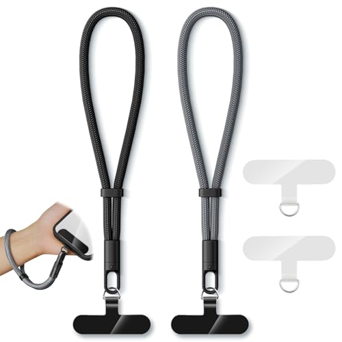 KITANIS 2 Pack Phone Lanyard,2×Hand Wrist Strap,4×Tether Tabs,Universal Cell Phone Multifuctional Patch Polyester Lanyards,Cell Phone Hand Strap for Women and Men(balck+grey) - color: Black+grey, size: 6.3''Wrist Strap
