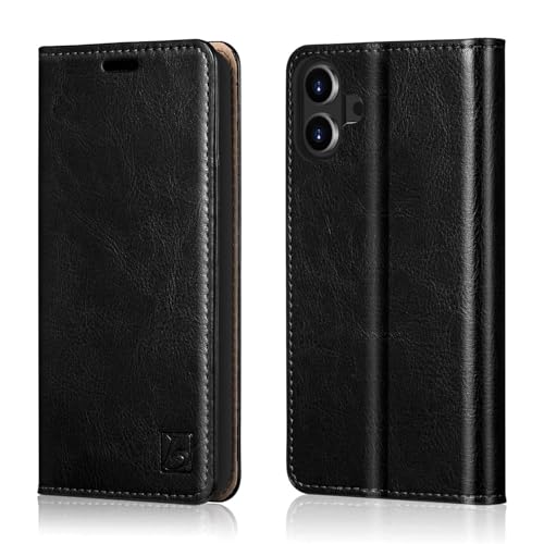 Belemay Leather Wallet Case Compatible with iPhone 17, Premium Cowhide Leather Two-Tone Effect, RFID Blocking Card Holders, Shockproof TPU Shell, Kickstand, Protective Flip Cover, 6.3", Black - color: Black, size: iPhone 17