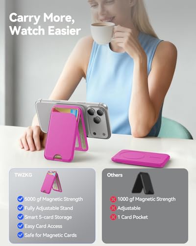 TWZKG for MagSafe Wallet, 5 Cards Holder with Stand, Magnetic Phone Wallet Stand for iPhone 17/16/15/14/13/12 Pro Max Air Plus Series, RFID Blocking Vegan Leather,Hot Pink - color: Hot Pink