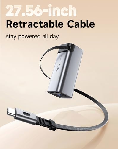 100W Power Bank Fast Charging 20000mAh, Built-in Retractable USB-C Cable