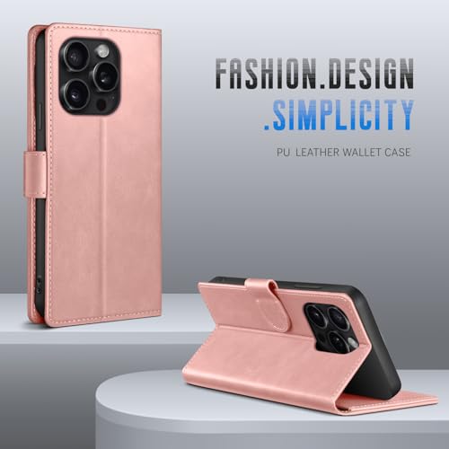 Wallet Case for iPhone 15 Pro Max 6.7", Pink | RFID-Blocking Card Holder, Kickstand, Magnetic Closure, PU Leather Folio Flip Cover, Protective Women Men Cases - color: Rose Gold, size: iPhone 15 Pro Max