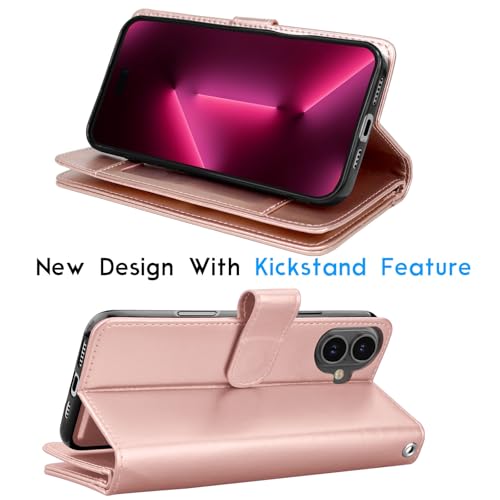 Tekcoo Wallet Case Compatible with iPhone 16 (6.1 inch) 2024 Luxury ID Cash Credit Card Slots Holder Carrying Pouch Folio Flip PU Leather Cover [Detachable Magnetic Hard Case] with Strap [Rose Gold] - color: Rose Gold, size: 16