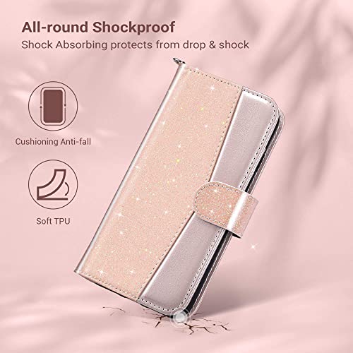 ULAK for iPhone SE (2022)/SE(2020)/8/7 Wallet Case Card Holder Pink Glitter | Premium PU Leather Flip Case with Kickstand Card Slots,RFID Blocking,Wrist Strap, Durable Shockproof Cover 4.7 Inch - color: Glitter