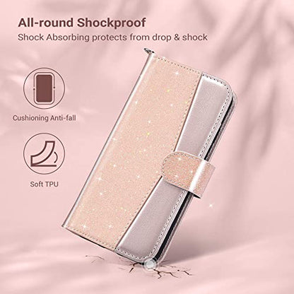 ULAK for iPhone SE (2022)/SE(2020)/8/7 Wallet Case Card Holder Pink Glitter | Premium PU Leather Flip Case with Kickstand Card Slots,RFID Blocking,Wrist Strap, Durable Shockproof Cover 4.7 Inch - color: Glitter