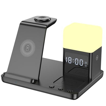 Wireless Charger Samsung Charging Station, with Alarm Clock and Night Light for Samsung S25 S24 S23 S22 Galaxy Watch 8-4 Series, Adapter Included, Black