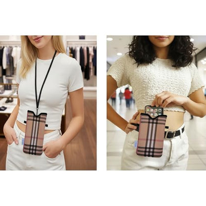Tainada Neck Cell Phone Pouch Case Holder w/Belt Loop (Camel Brown Plaid) - color: Camel Brown Plaid