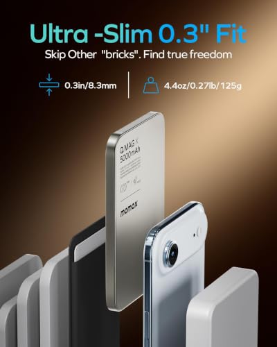 MOMAX Magnetic Wireless Power Bank, 5000mAh Slim 0.3" Portable Charger - color: Titanium, size: 5000 mAh