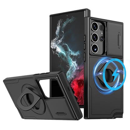 ANNGELAS for Samsung Galaxy S23 Ultra Mag Safe Kickstand Case with Slide Camera Cover,Slim Shockproof Military Heavy Duty Anti Drop Full Body Protection,360 Rotating Stand Magnetic Phone Case(Black) - color: Magnetic Stand Black