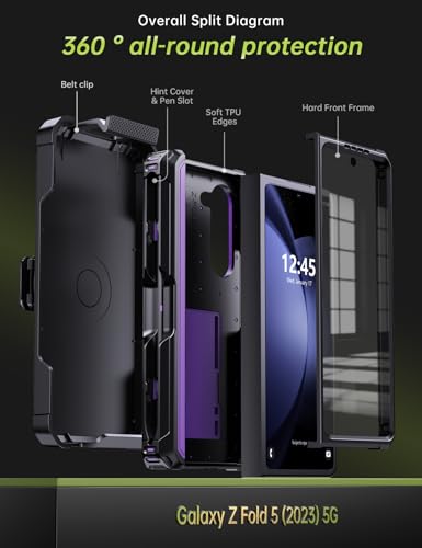 KJSK for Samsung Galaxy Z Fold 5 Case,with S Pen Holder+Belt Clip Holster+Built-in Kickstand+Hinge Protection,Heavy Duty Military Grade Drop Proof Case for Galaxy Z Fold 5(Purple) - color: Purple