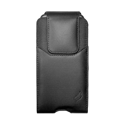Leather Cell Phone Holster for Cricket Debut, Icon, AT&T Radiant Core, Calypso 2, Moto E6, G7 Play, Alcatel Onyx, REVVLRY REVVL2 - Vertical Case Waist Carrying Pouch with Belt Clip/Loops, Black - size: Small