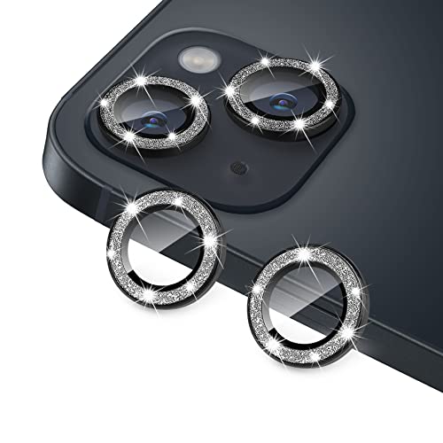for iPhone 14 & iPhone 14 Plus Camera Lens Protector, Bling Glitter Diamond Lens Cover 9H Tempered Glass Camera Cover Anti Scratch Lens Protector Individual Lens Ring - 2PCS Glitter Black - color: Black Glitter