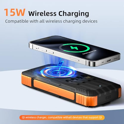 Solar Charger Power Bank 49800mAh Wireless Portable Phone Charger, 22.5W QC3.0 Fast Charging Built in 4 Cables with USB C 6 Outputs & 2 Inputs for All Cell Phone - color: Orange