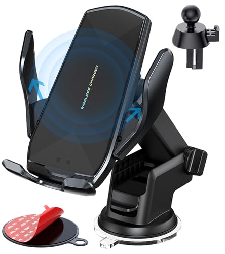 Wireless Car Charger Mount, 15W Qi Fast Charging Auto-Clamping Cell Phone Car Holder Air Vent Windshield Dashboard Long Arm Suction Cup Car Phone Mount for iPhone13 /12/11 Samsung S20/S10/S9/S8 LG