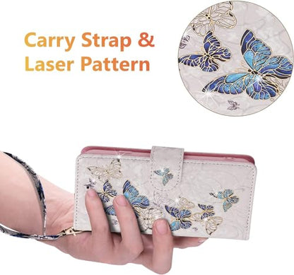 UEEBAI Wallet Case for Samsung Galaxy A16 4G/5G, PU Leather Phone Cover Kickstand RFID Blocking Flip Case Card Slots Wrist Strap Relief Engraved Pattern Magnetic Closure Folio Cover - Blue Butterfly - color: Blue Butterfly, size: Samsung Galaxy A16 4G/5G