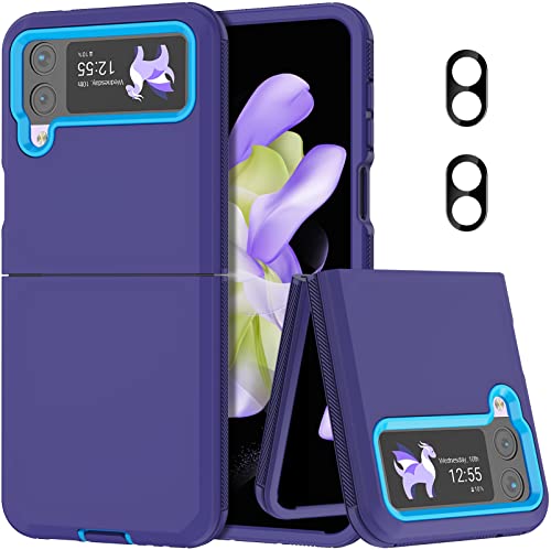 for Galaxy Z Flip 4 Case with Camera Lens Film,Shockproof Protective Phone Case Heavy Duty Full Body Protection Drop Proof Hard Rugged Cover for Samsung Galaxy Z Flip 4 (Dark Blue/Blue) - color: Dark Blue/Blue