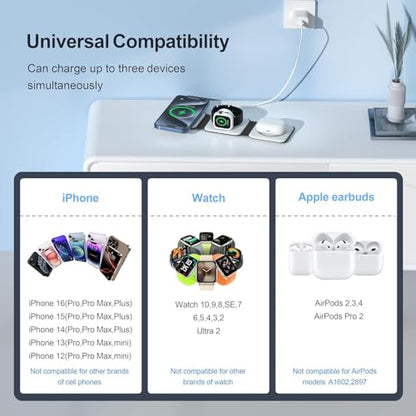 3 in 1 Charging Station for Multple Devices,Foldable 3 in 1 Wireless Charger for Travel,Nano Wireless Charging Station for iPhone16 15 14 13 12 Pro Max/Watch 10 9 8 7 6 5 4 3 Ultra/AirPod Pro - color: moon white
