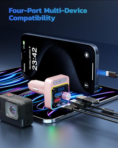Nulaxy 54W Bluetooth 5.3 Car Adapter, FM Transmitter 4-Port Fast Charging - color: Pink
