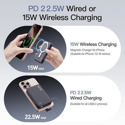 2026 Updated M3 Ultra Slim 0.4'' Wireless Power Bank with Built in Cable - color: Black