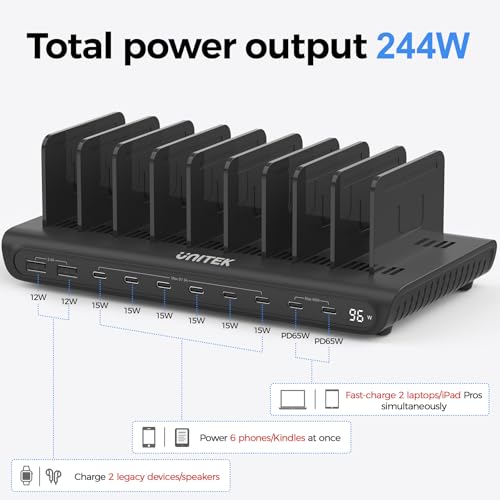 Unitek 10 Port 96W USB C Charging Station with 2X 65W PD, Fast Charger Dock - color: Black, size: 96W, Pack of 1