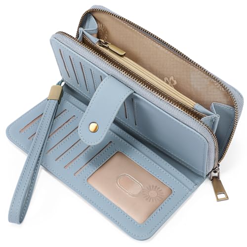 GAEKEAO RFID Leather Wristlet Wallet for Women with Grip Strap | Large capacity clutch wallet, credit card holder, wrist strap, zipper purse, travel and shopping - color: Blue
