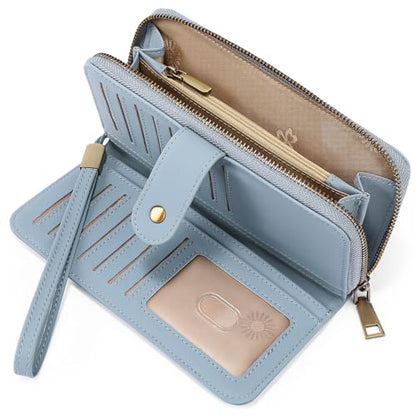 GAEKEAO RFID Leather Wristlet Wallet for Women with Grip Strap | Large capacity clutch wallet, credit card holder, wrist strap, zipper purse, travel and shopping - color: Blue