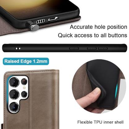 KEZiHOME Genuine Leather Wallet Case for Samsung Galaxy S25 Ultra | Gray/Brown, RFID Blocking, S25 Ultra Wallet Case, Card Slot, Flip, Magnetic Stand Phone Cover Compatible with S25 Ultra - color: Gray/Brown, size: Galaxy S25 Ultra Case