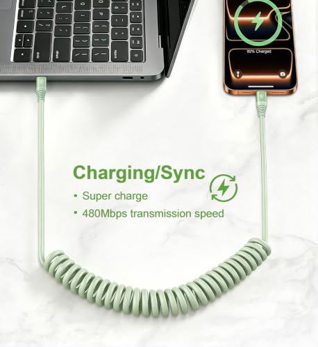 USB C to C Cable 6FT, 2Pack Coiled USB C Fast Charging Cable for CarPlay - color: Green, size: 6FT