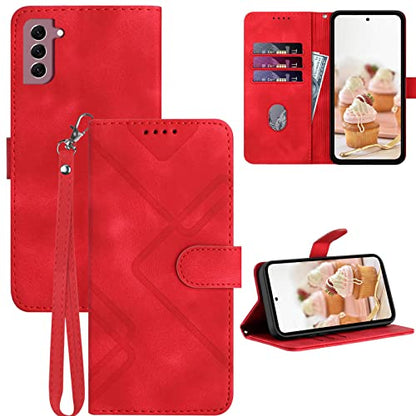 for Samsung S21 Case Wallet Card Holder Strap (Red) | PU Leather Pattern, Card Slots, Cash Pocket, Kickstand, Magnetic Closure, Flip Cover, TPU Inner, Shockproof Protective - color: Red