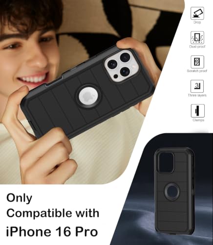 for iPhone 16 Pro Case with Belt Clip Holster,2X Screen Protectors,Heavy Duty Shockproof Drop Protection Military Grade 3 Layers Full Covered Rugged Durable Phone Cover with Kickstand 6.3“ (Black) - color: Black w Clip