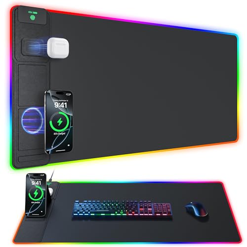 Wireless Charging Mouse Pad with Phone Stand, 31.5"x15.8" Large - color: RGB-Stand