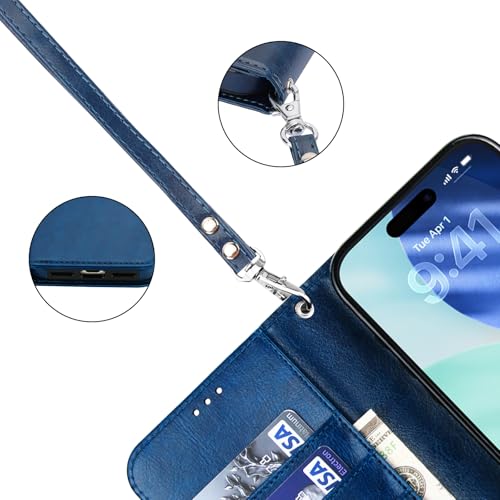 Bocasal Detachable Wallet Case Card Holder for iPhone 17 Pro Max Blue | RFID Blocking Kickstand Card Slots Holder PU Leather Magnetic Shockproof Wrist Strap Removable Flip Protective Cover 6.9 inch - color: Blue