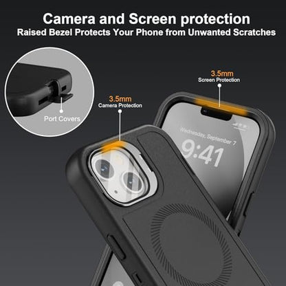 Follaroma for iPhone 13 Case with Stand & Built-in Camera Cover, MagSafe Compatible, Heavy-Duty Shockproof Protection, Magnetic & Rugged Phone Cover for iPhone 13 6.1'', Black - color: Black