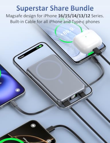 Magnetic Portable Charger 10000mAh, 20W Power Bank with Built in Cable | 20W Fast Charging for Magsafe Battery Pack with LED Display, Travel Essential for iPhone 17/16/15/14/13 Pro/Pro Max-SpaceGrey - color: SpaceGray