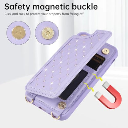 Crossbody Wallet Case for iPhone 7/8/SE 2020/SE 2022(4.7") with Detachable Strap - PU Leather Flip Folio with Card Slots & RFID Blocking, Sparkling Diamond Accents-Purple - color: Purple, size: iPhone 7/8/SE 2020/SE 2022(4.7")
