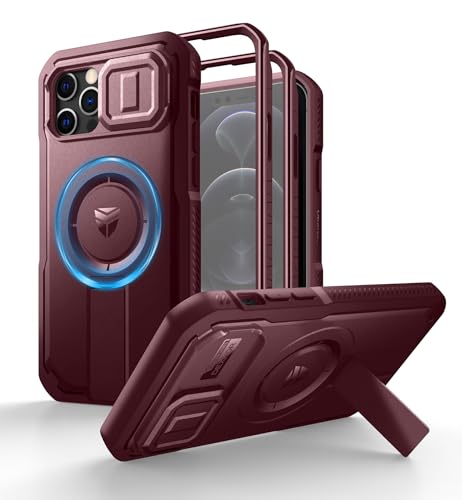 Dexnor for iPhone 12 & iPhone 12 Pro Case with Slide Camera Cover & Adjustable Kickstand & Built-in Screen Protector,Magsafe Rugged Shockproof Bumper Cases Heavy-Duty Protective Cover,Maroon Red - color: Maroon Red, size: IPhone 12&12 Pro